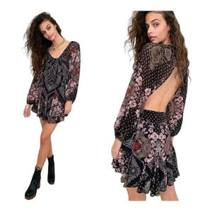 Free People Seven Wonders Dress Black‎ Combo Size Small Floral Scarf Mini